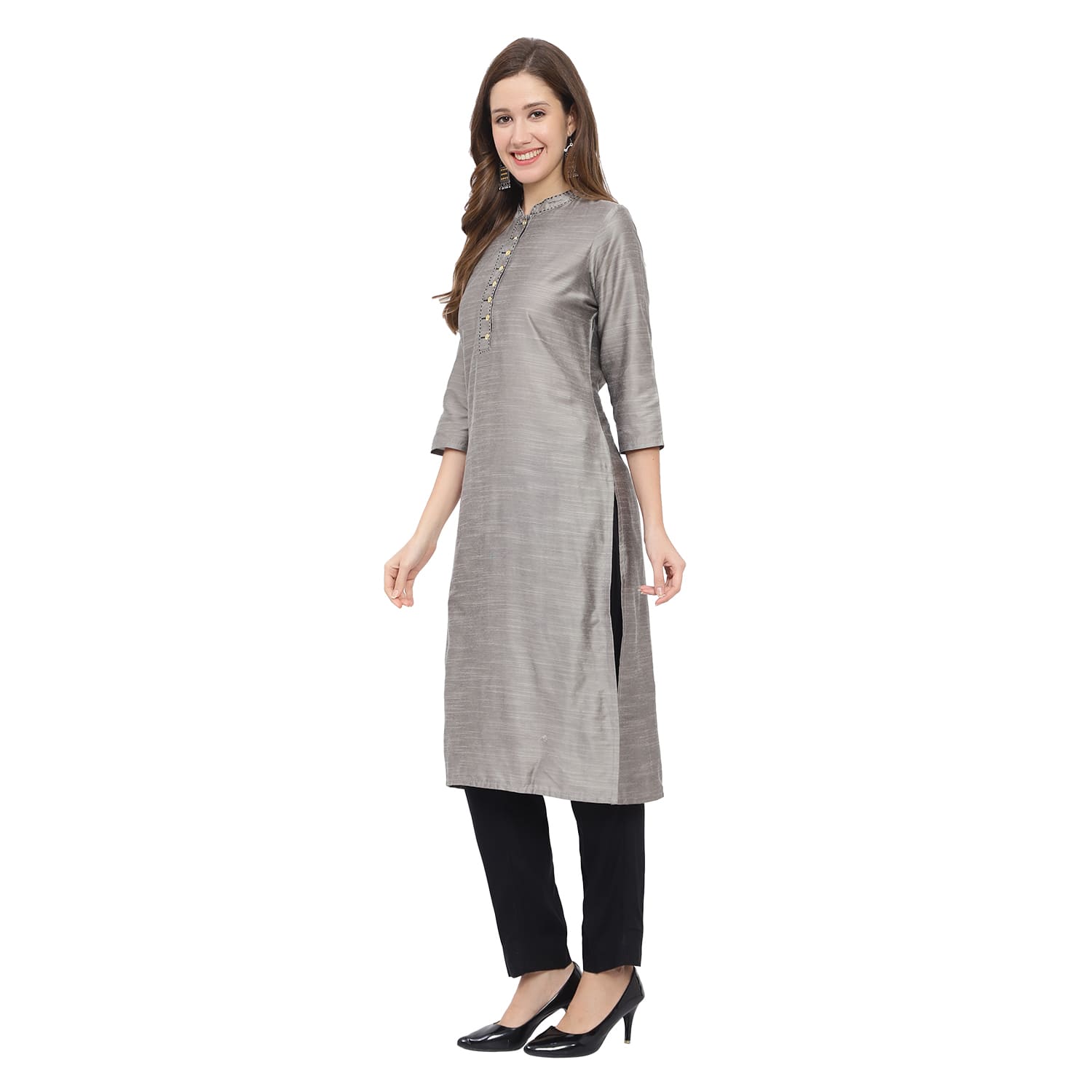 Casual Wear 3/4th Sleeve Cotton Fancy Straight Cut Grey Colour Kurti at Rs  450 in Kolkata