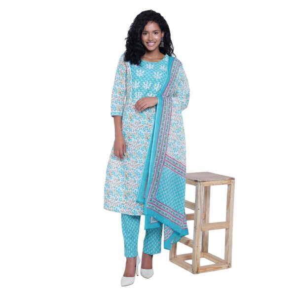 Aksha Latest Collection & Comfortable New Trending Rama Green Women's Kurta with Pant/Kurti Trousers and Dupatta Set