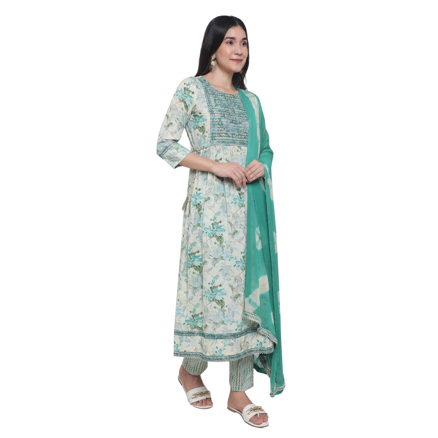 Buy Ishin Women's Silk Blend Green Embroidered A-Line Kurta Trouser Dupatta  Set Online – ISHIN FASHIONS