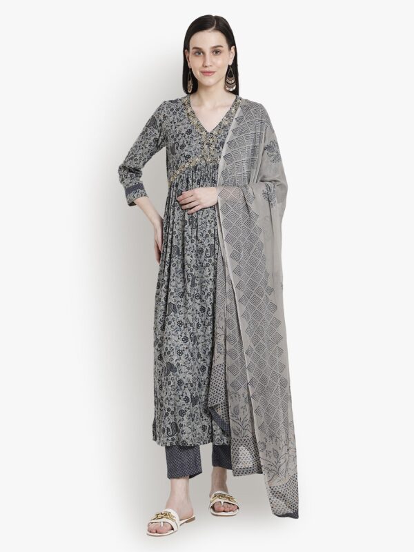 Aliya Chic Ensemble Grey & Blue Women Ladies Suit